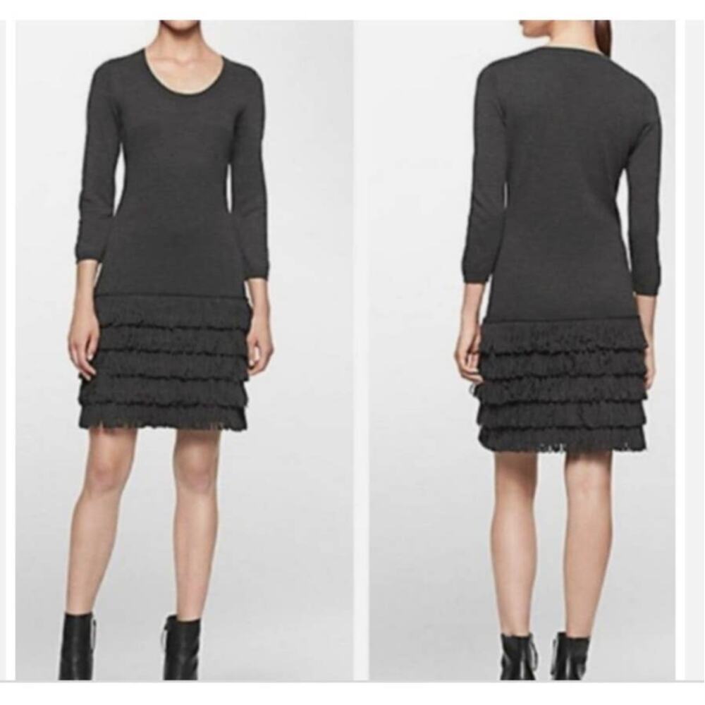 Calvin Klein‎ Gray Charcoal Knit Sweater 3/4 Sleeve Tiered Fringed Hem Dress L